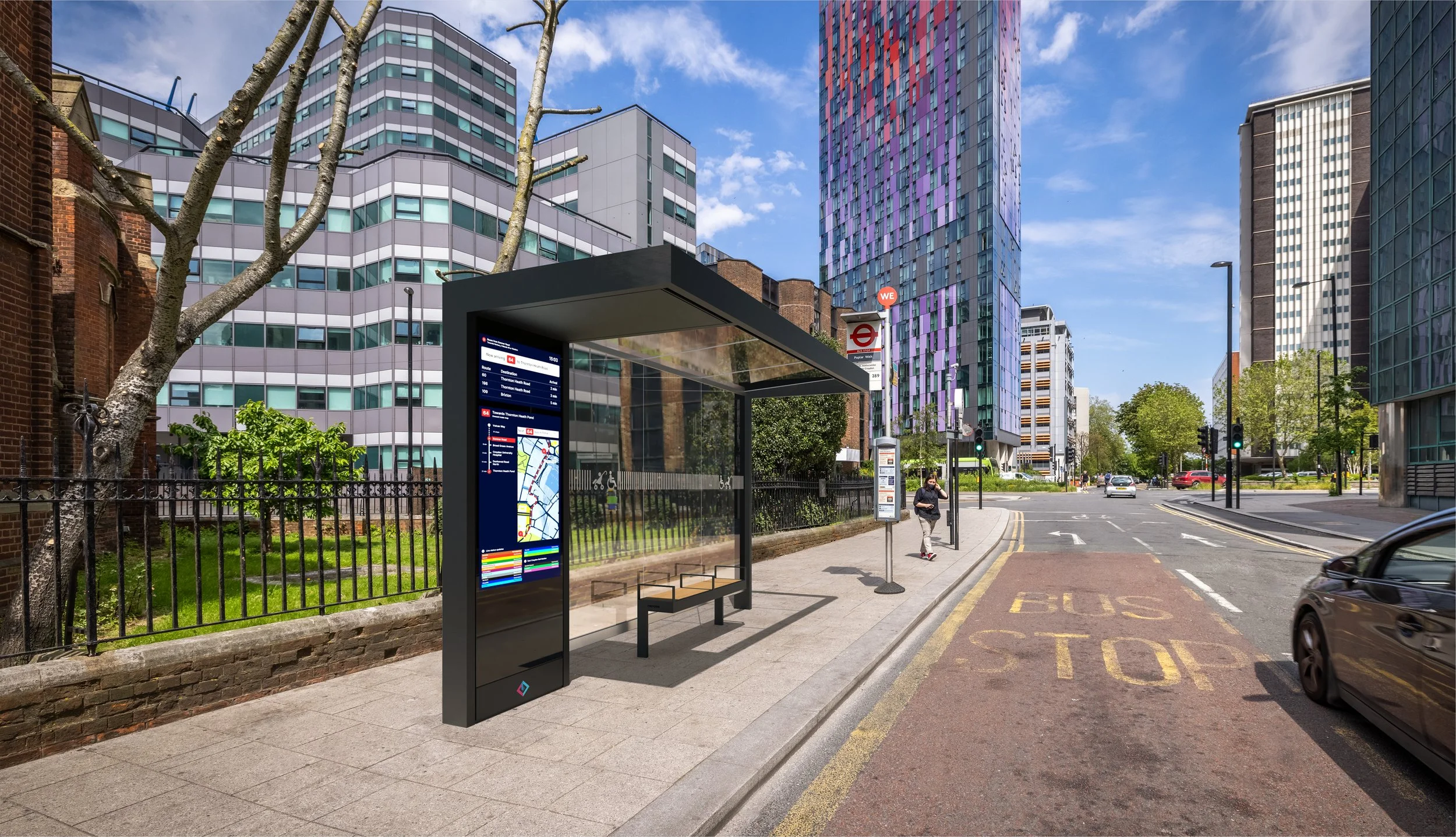 A PassageWay smart bus shelter RTPI digital sign on display in Croydon, London