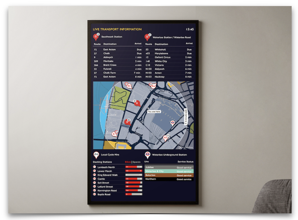 PassageWay multi-modal public transport digital sign. Displaying live local public transport information specific  to a location.