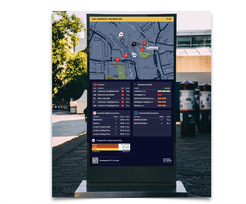PassageWay RTPI digital signs for mobility hubs, showing live public transport information