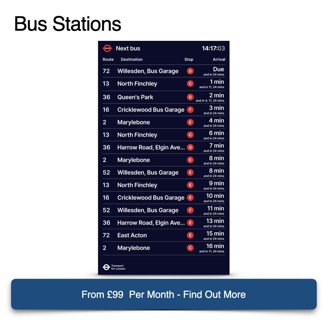 PassageWay RTPI digital signs for bus stations central digital totems, displaying live bus services, disruption information, stand information, can be combined with other digital sign templates