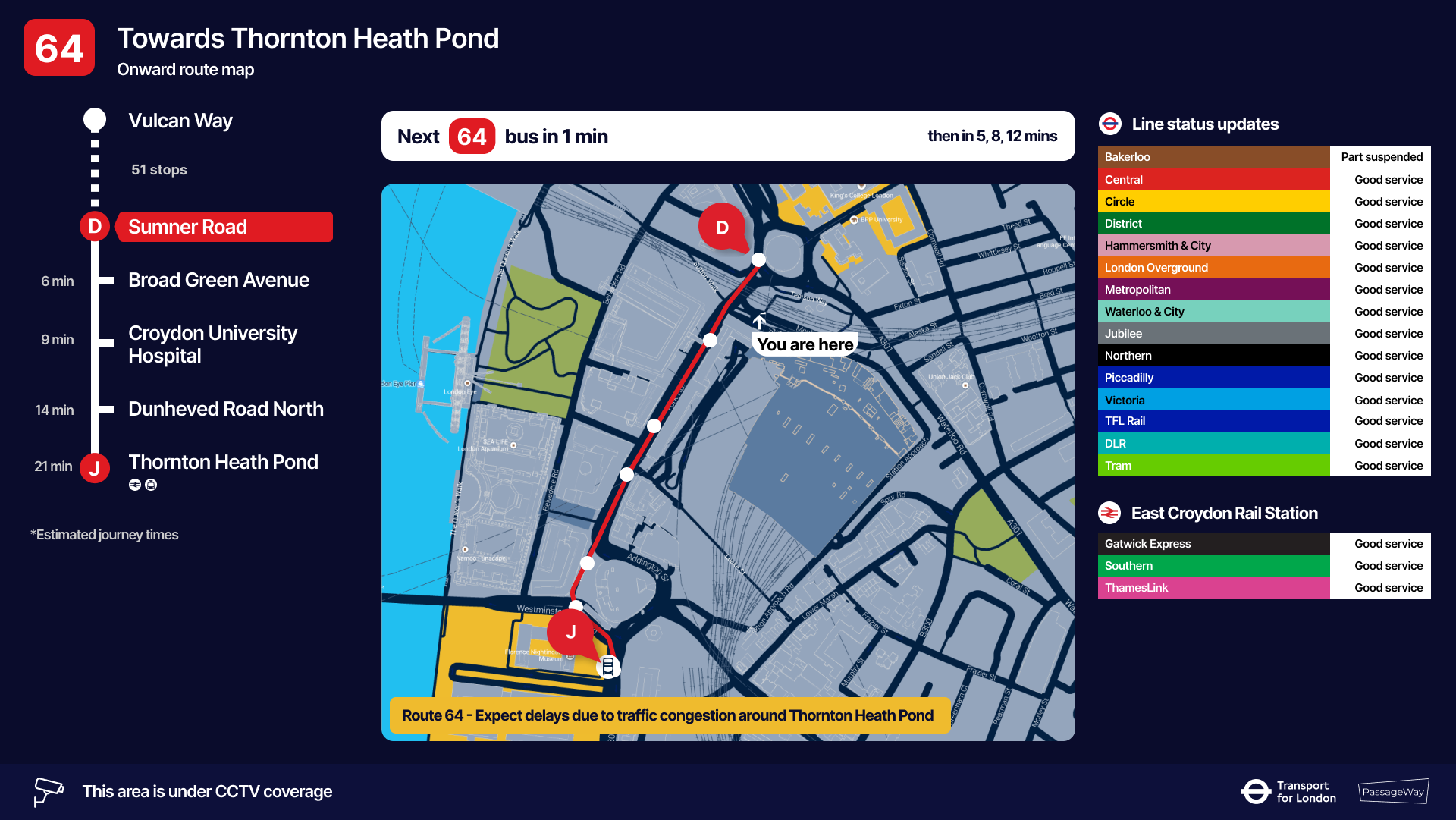 PassageWay RTPI digital sign for smart bus shelters showing route map information and onward transport options