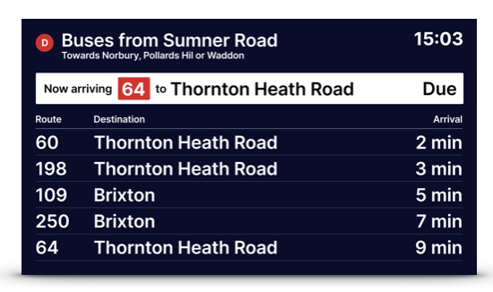 A PassageWay smart bus shelter Arrivals screen, for smart bus shelters.