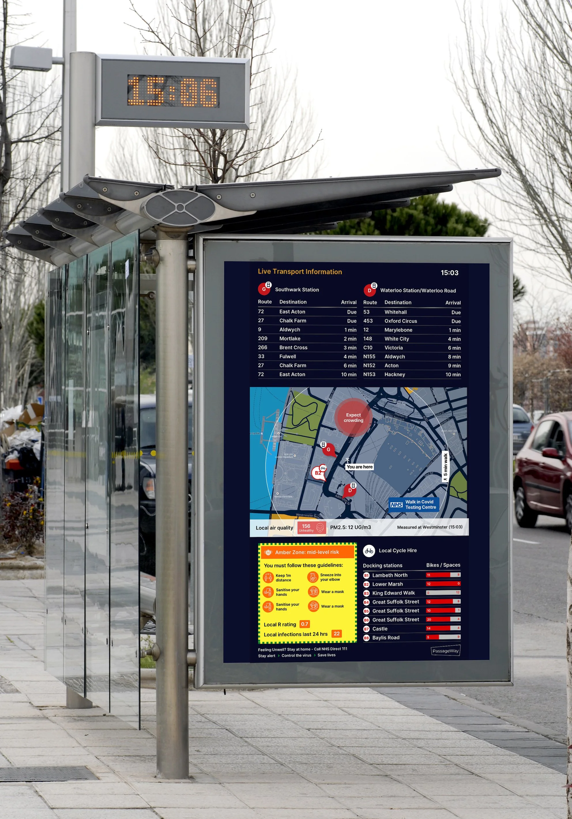 A RTPI digital sign concept for Innovate UK showing local crowding information, COVID guidance and public transport information