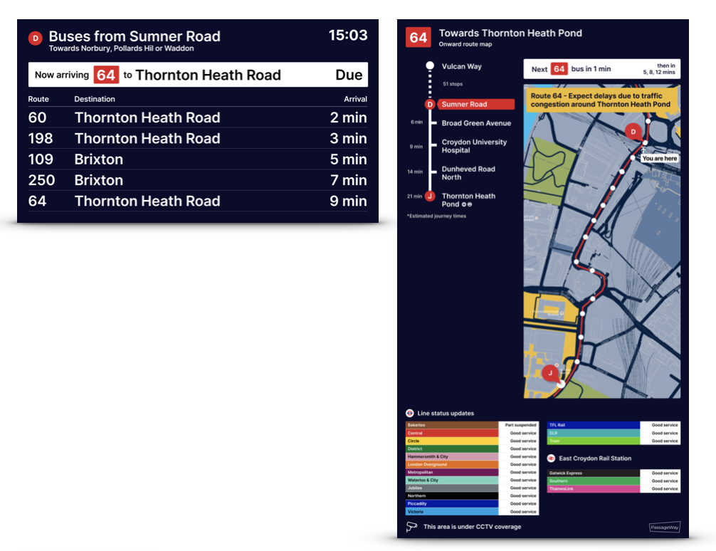 PassageWay RTPI digital signs for smart bus shelters, showing live route information, onward travel information, disruption notifications and more