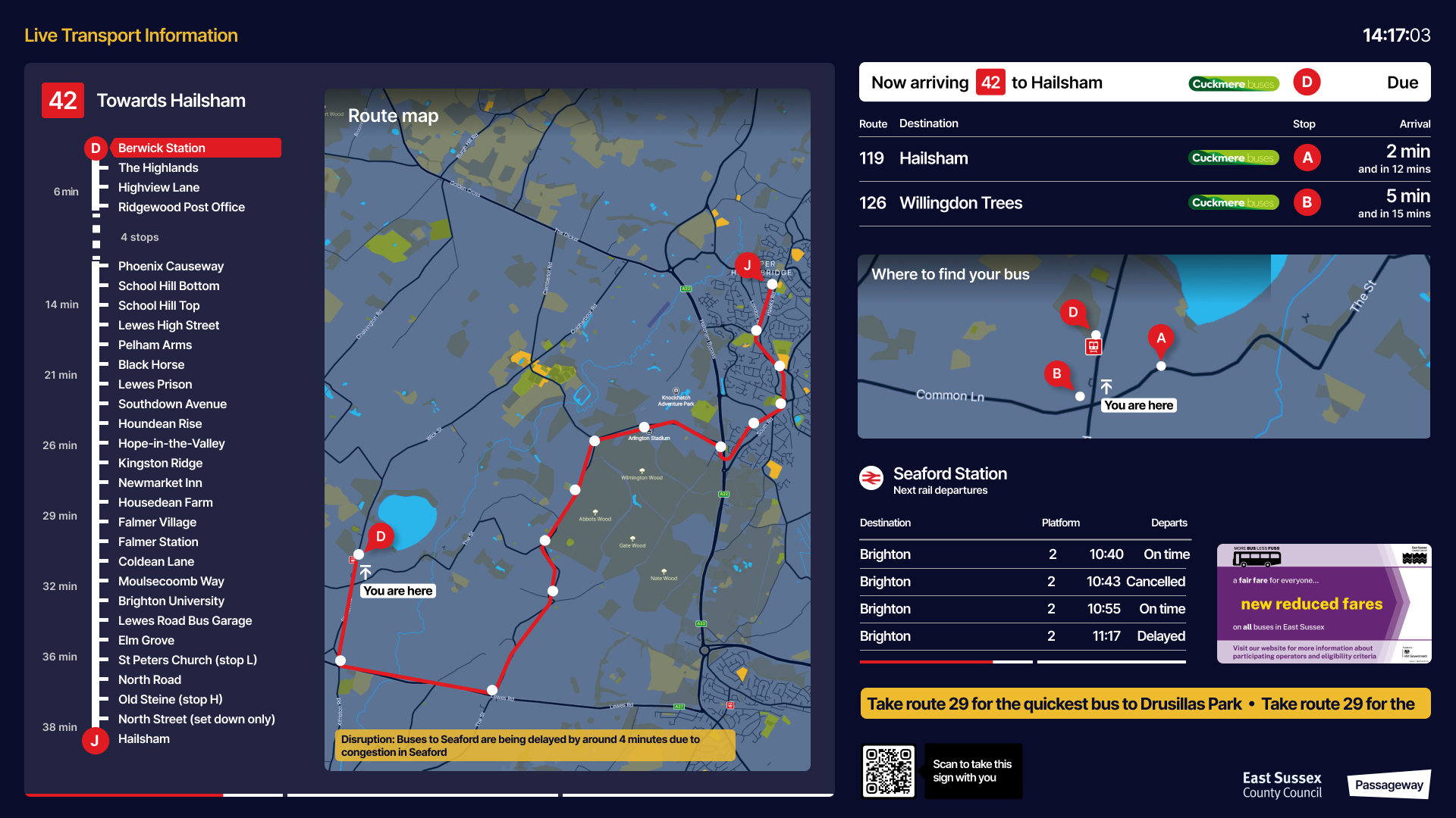 Concept for RTPI digital sign (landscape) for public transport serving a village or small town - for display in a community centre or village shop