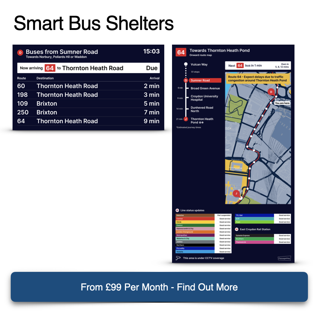 PassageWay smart bus shelter digital signs, include RTPI digital signs for bus arrivals, also for route information, maps, onward travel and disruption notifications