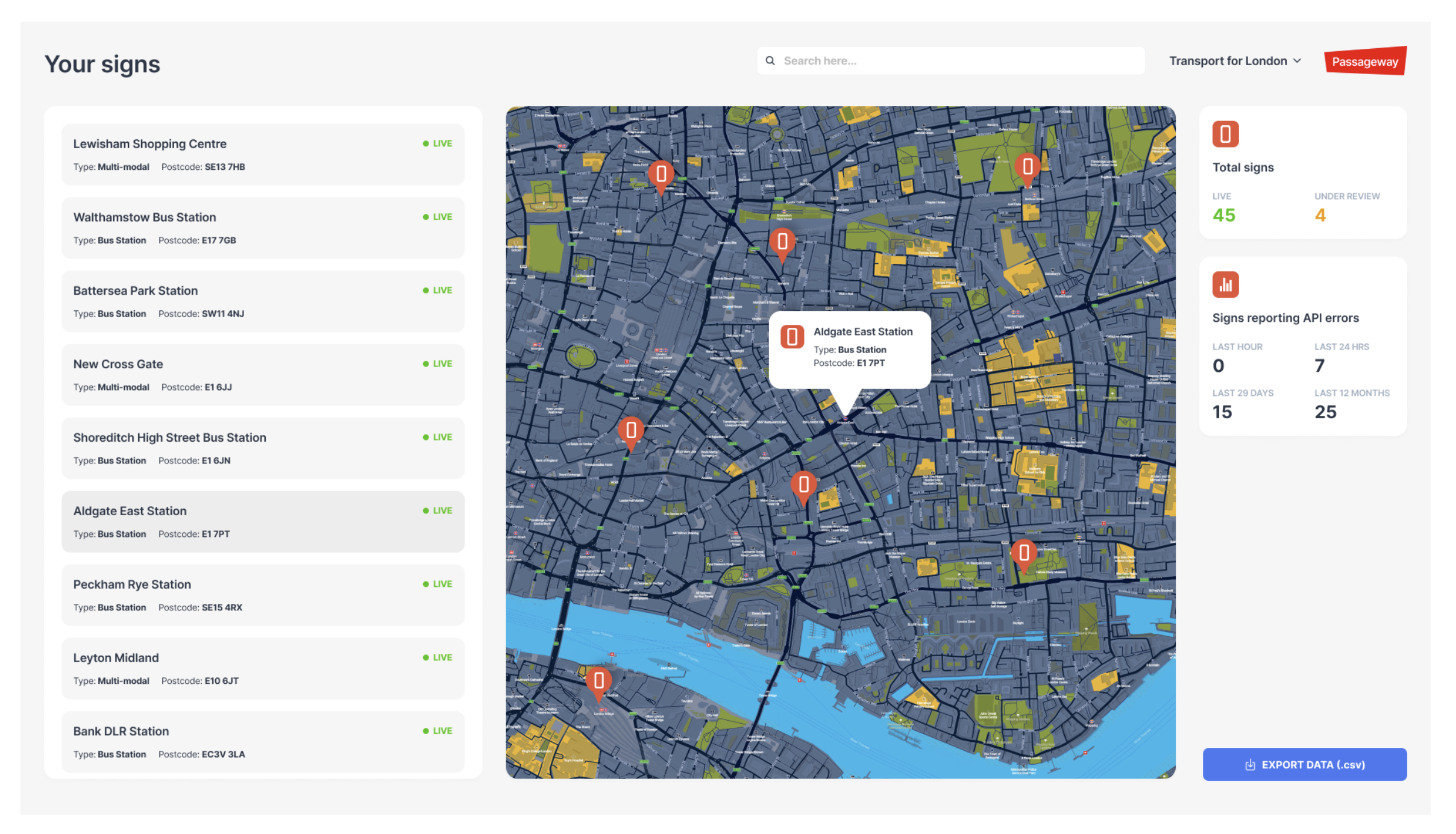 Bus stop digital signs RTPI dashboard for PassageWay clients