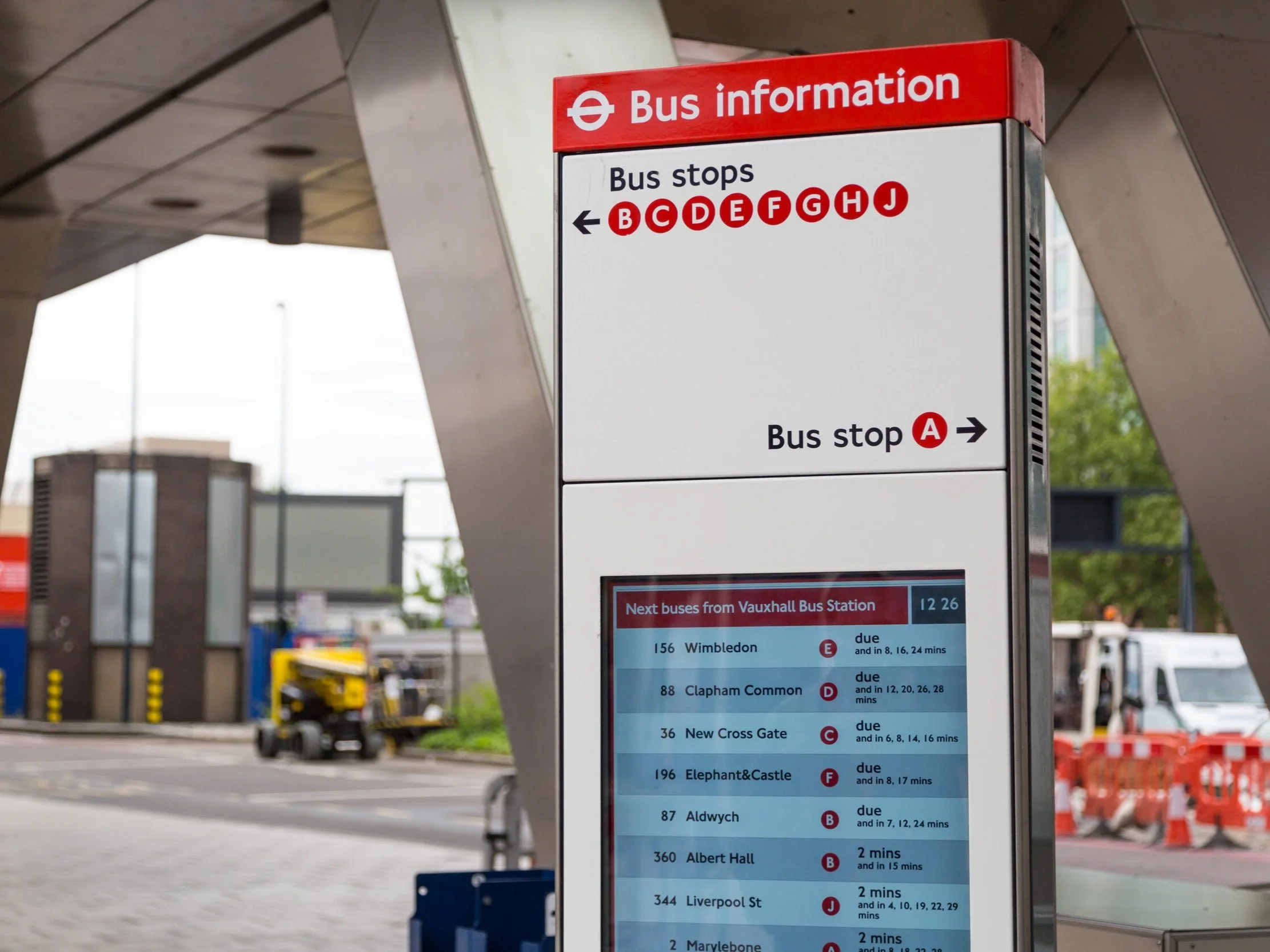 A PassageWay RTPI bus station digital sign for Transport for London (TfL)