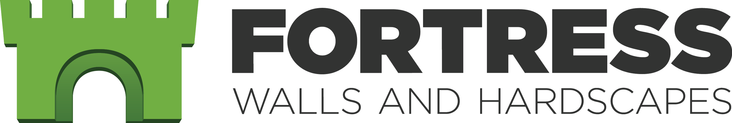 Logo of Fortnite Walls and Hardscapes, featuring a green castle wall with a bridge opening on the left and black text on the right.