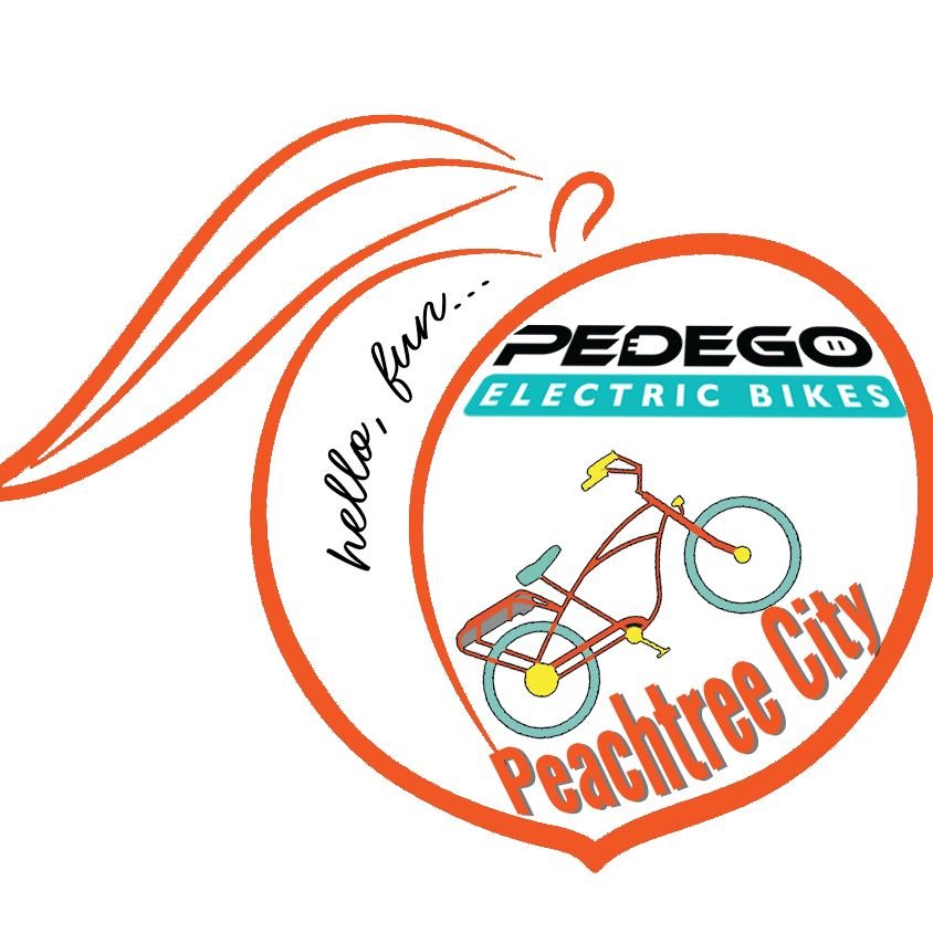 Logo for Pedego Electric Bikes Peachtree City with a drawing of an electric bike and the slogan 'hello, fun...'.