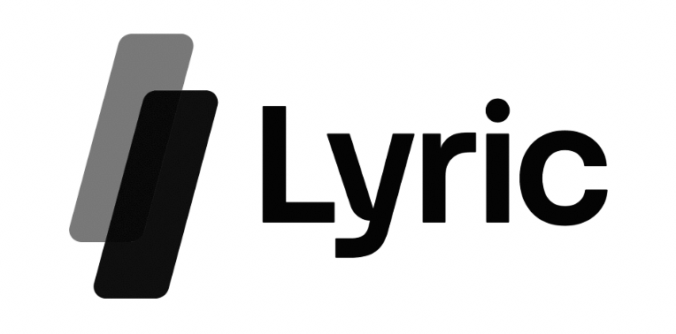 Lyric logo with three overlapping black and gray diagonal bars to the left of the text.