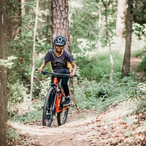 A young girl riding a mountain bike on a dirt trail in a forest, wearing a helmet and a dark sports shirt.