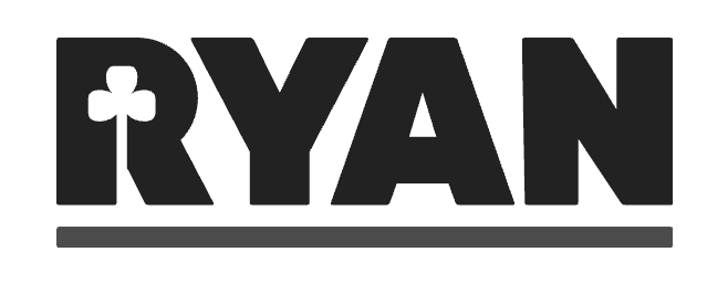 The name 'RYAN' in bold black letters with a cross symbol replacing the letter 'R', and a horizontal line beneath it.