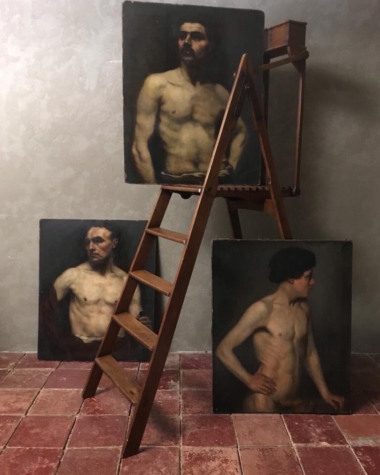 Three beautiful Italian 19th century nude portraits of men, supported on this rare Artist Laddar #art #oilpainting #Italian #nudepaintings #ladder #Libraryladder #portraits #Portraitsofmen
