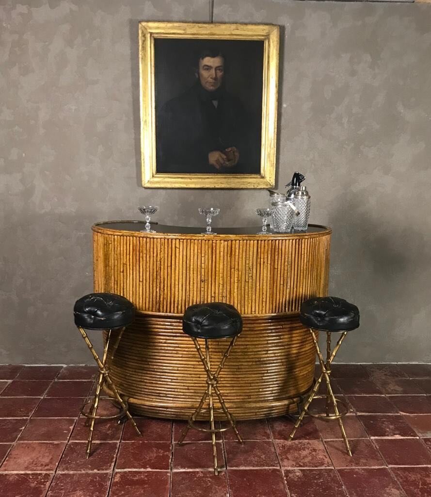Time for a cocktail - perfectly mixed using our large range of vintage barware at this 1960s bamboo covered bar, while seated on these amazing gilt brass bamboo legged stools from Italy, graciously looked over by this old master.  Margarita time! 
#c