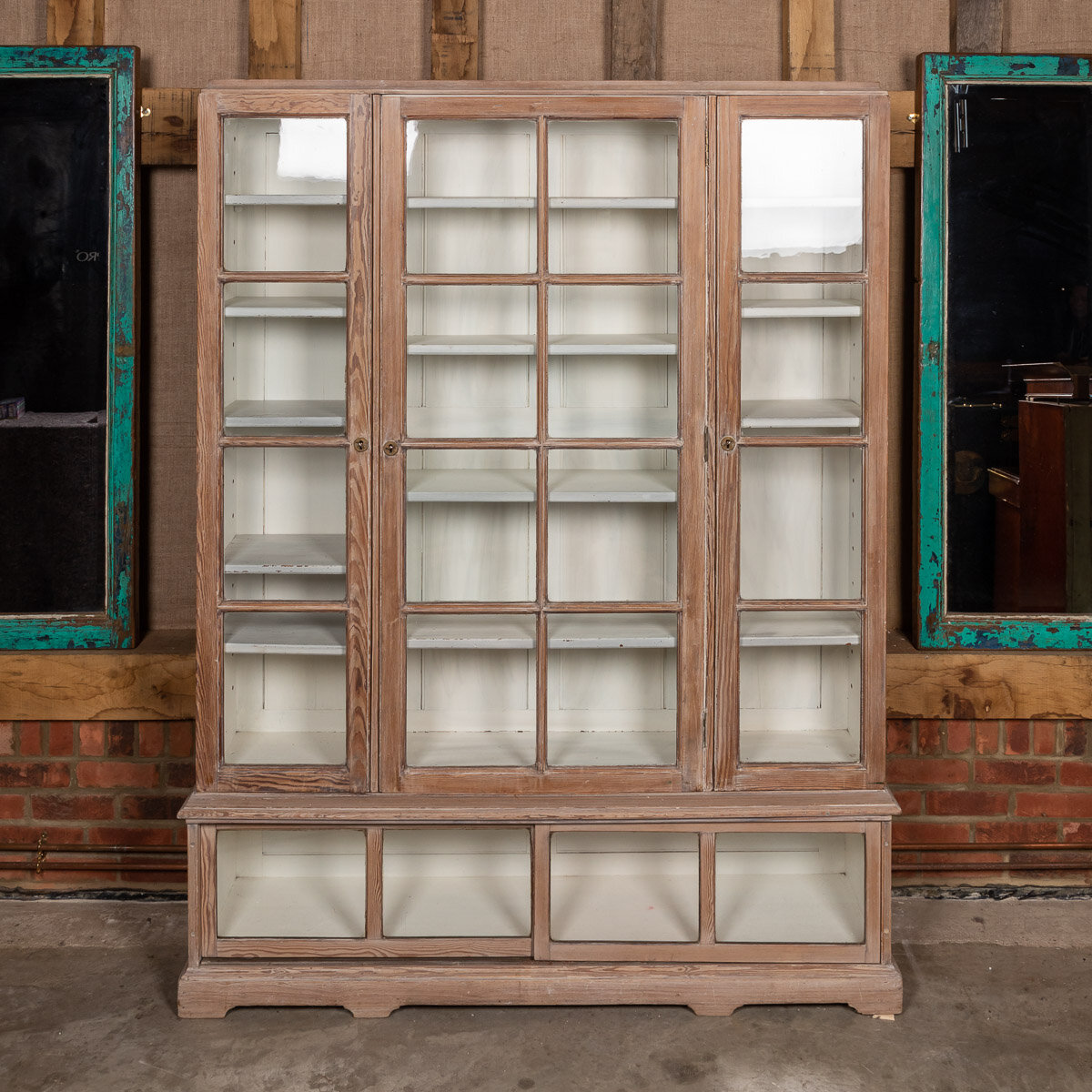 20thC French Limed Wood &amp; Glass-Mounted Display Cabinet C.1900