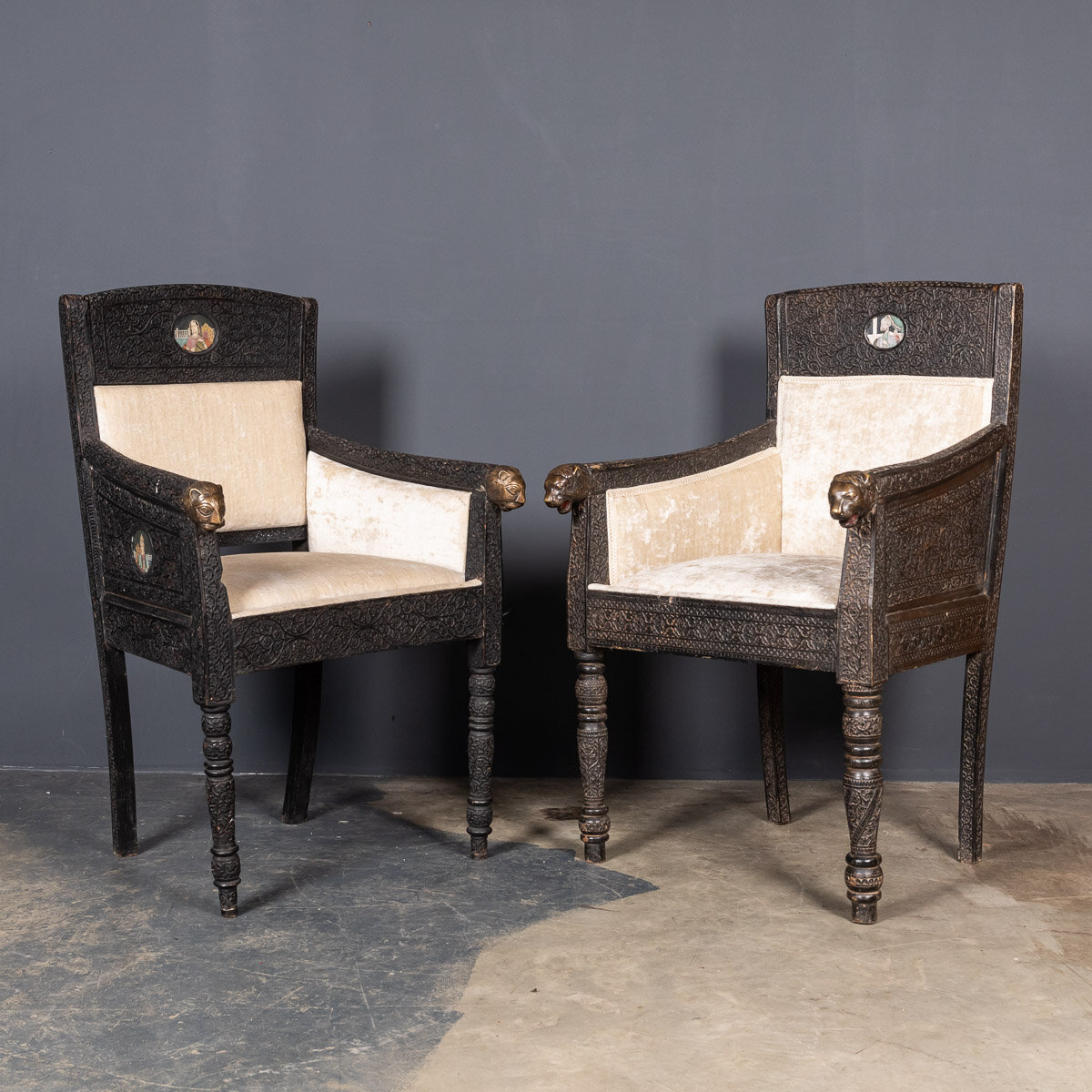 19thC Indian Mogul Style Pair Of Carved Wood Throne Chairs c.1880