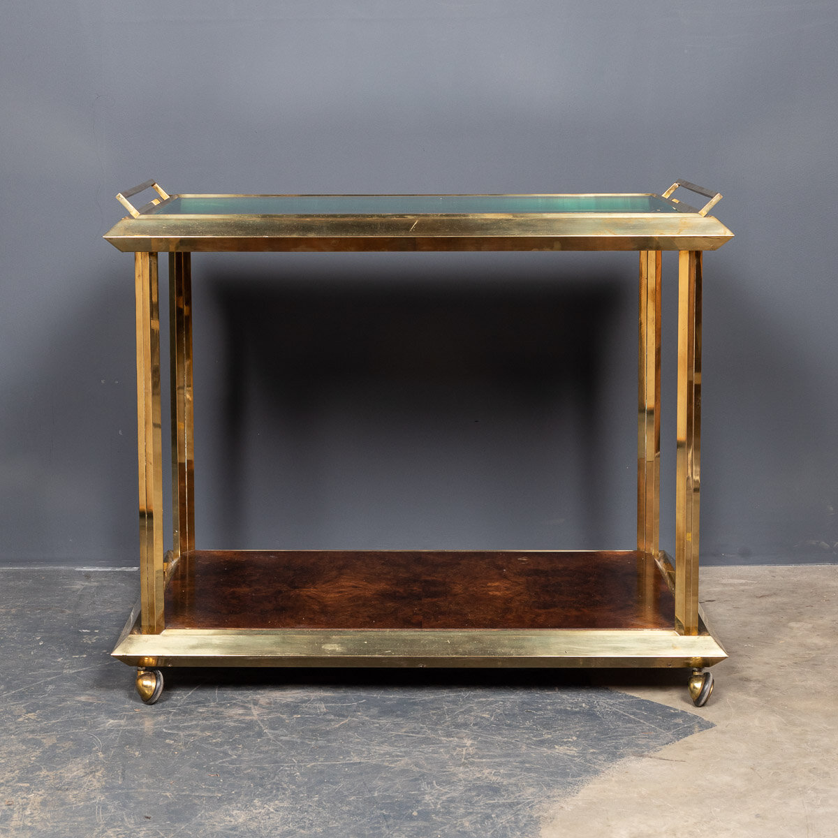 20thC Italian Polished Brass &amp; Burr Walnut Drinks Trolley c.1970