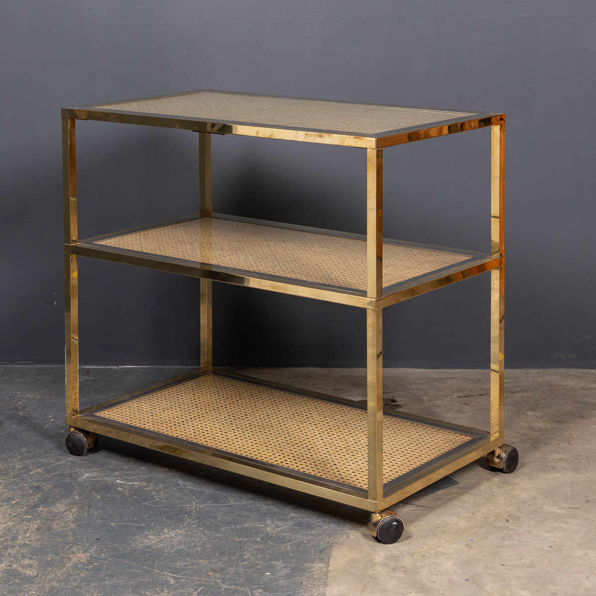 20thC Italian Polished Brass &amp; Glass Drinks Trolley c.1970