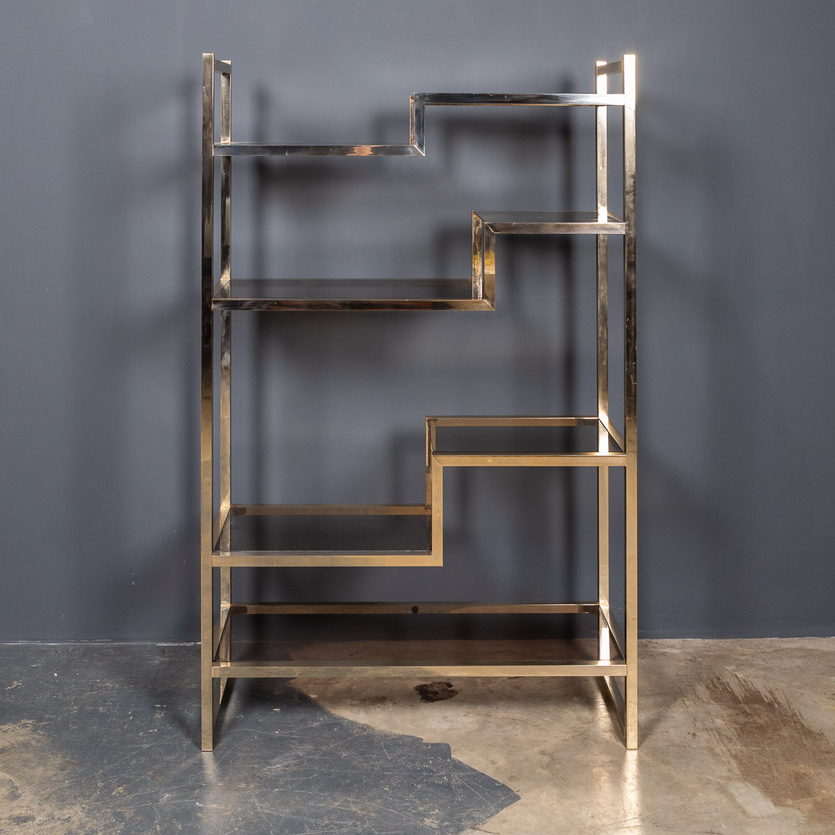 20thC Italian Brass &amp; Smokey Glass Etagere Shelves c.1970