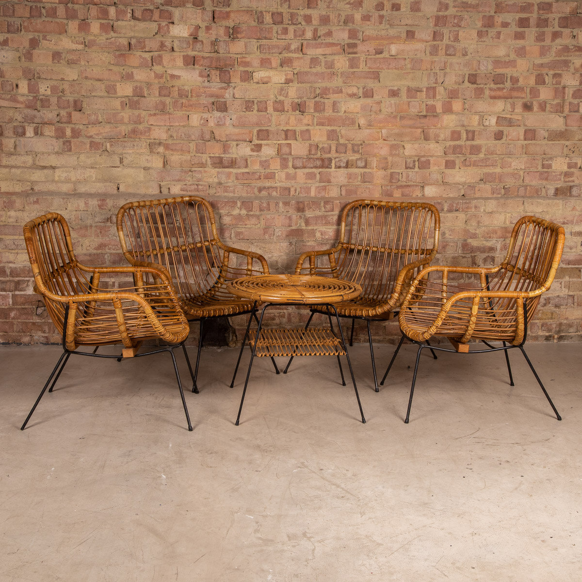 20thC Italian Set Of Four Bamboo Chairs & Table, Bonacina, Milan c.1950