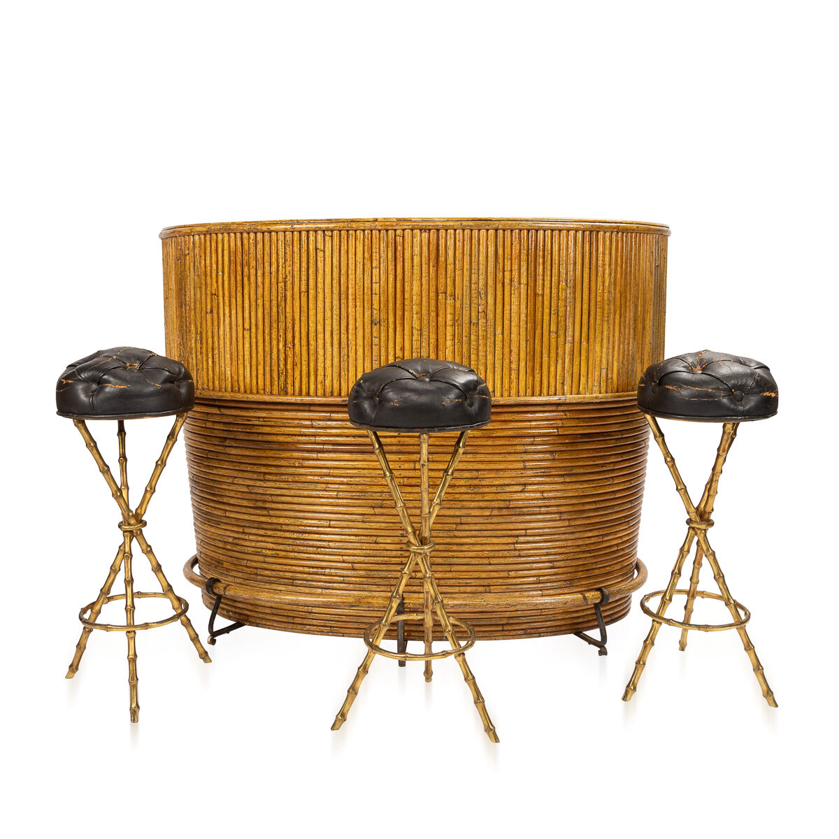 20thC French Bamboo Cocktail Bar & Bar Stools By Jacques Adnet c.1950