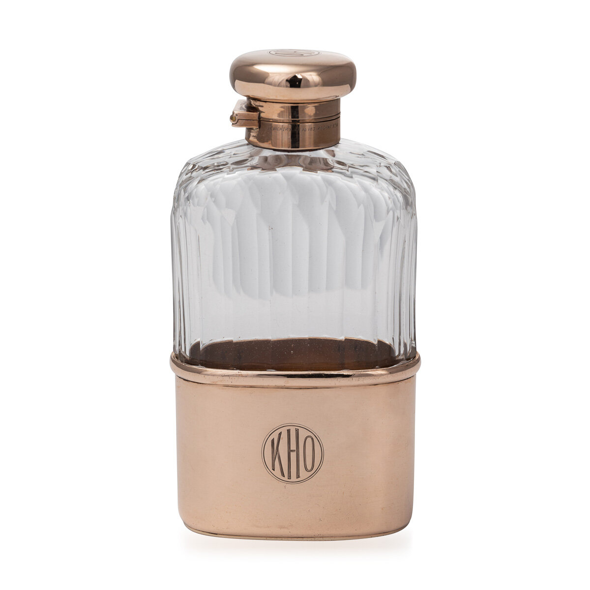 20thC English 9K Gold & Glass Hip Flask, London c.1918