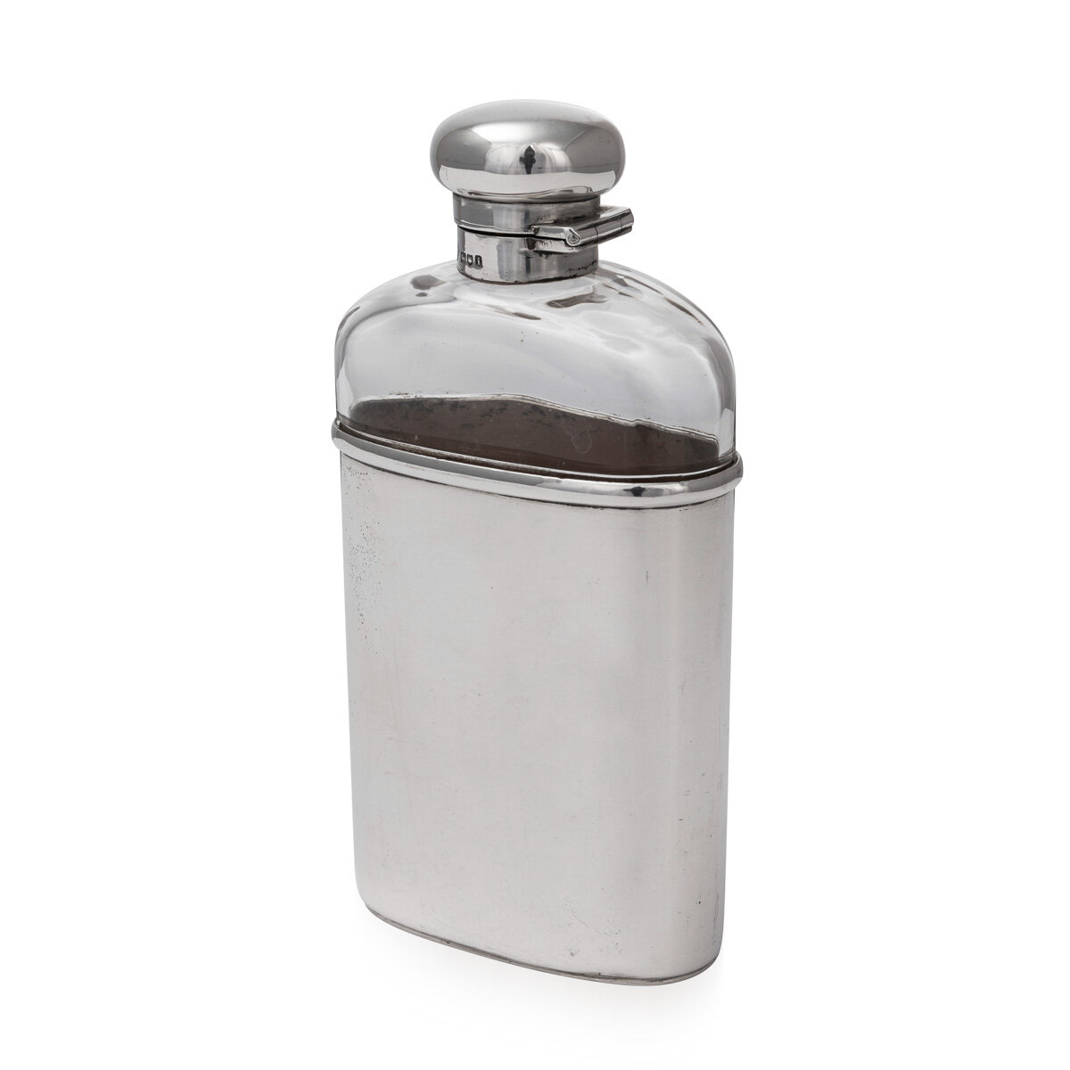 20thC Edwardian Solid Silver & Glass Hip Flask c.1904