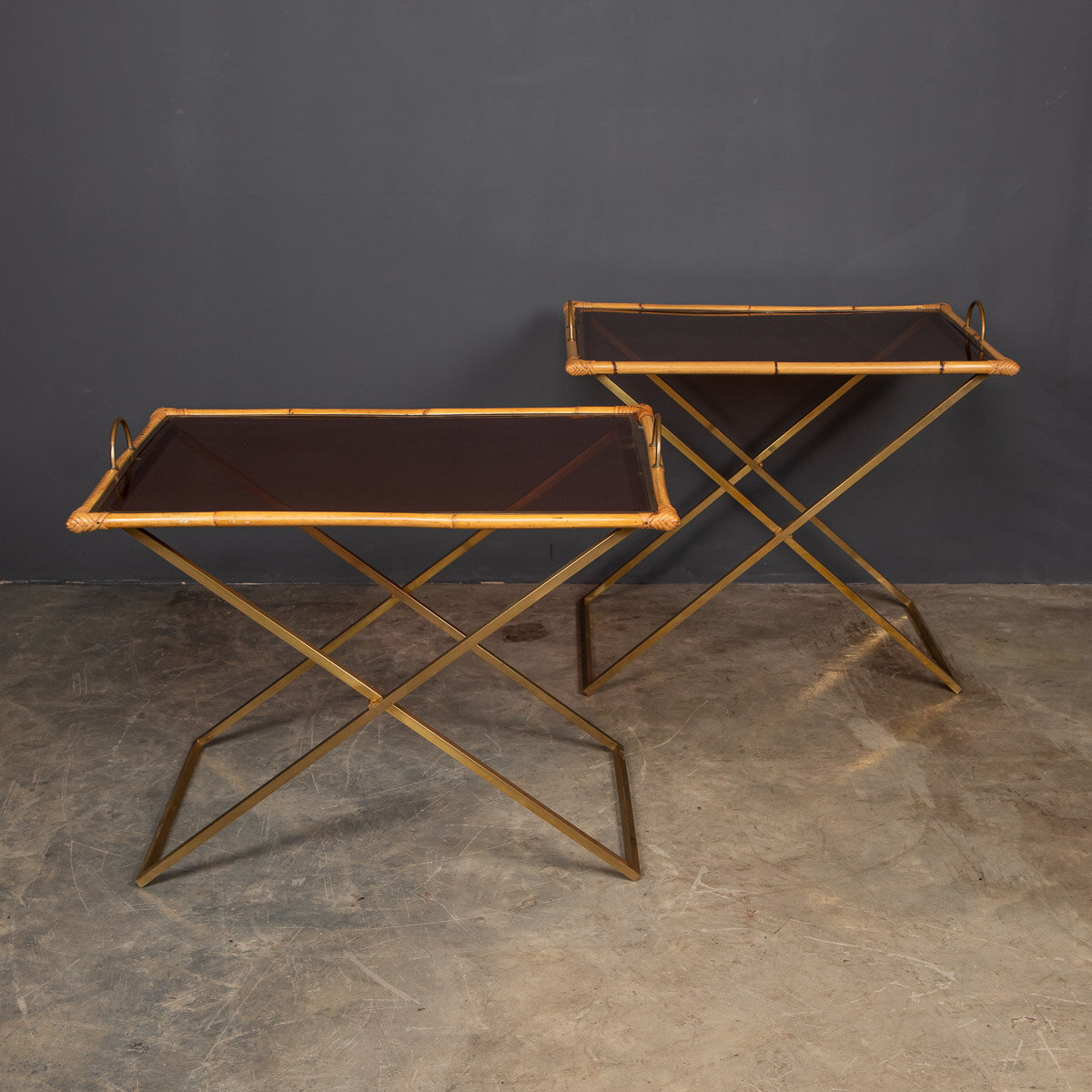Stylish 20thC Pair Of Bamboo &amp; Brass Butler Tables c.1970
