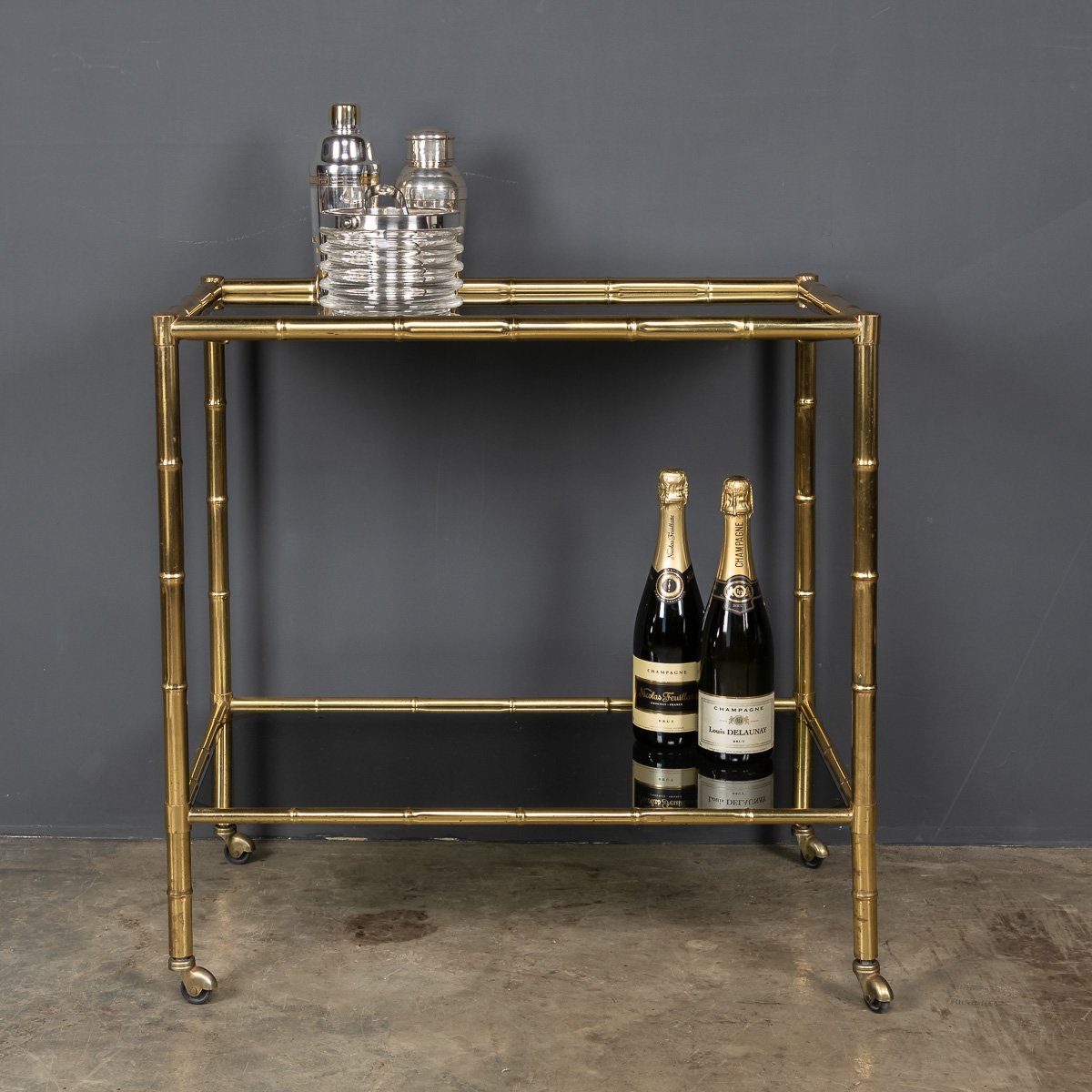 20thC Bamboo Effect Brass &amp; Smoked Glass Drinks Trolley c.1970