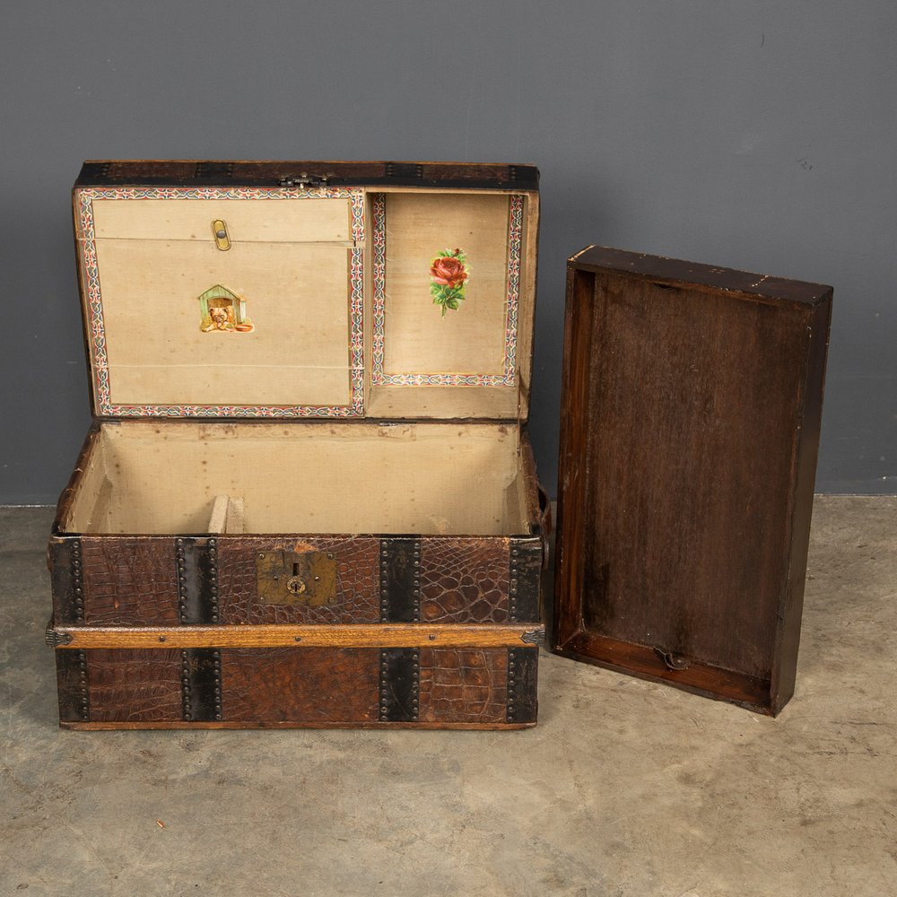 rare antique 19th century leather wood nickel child's travel suitcase trunk  1800