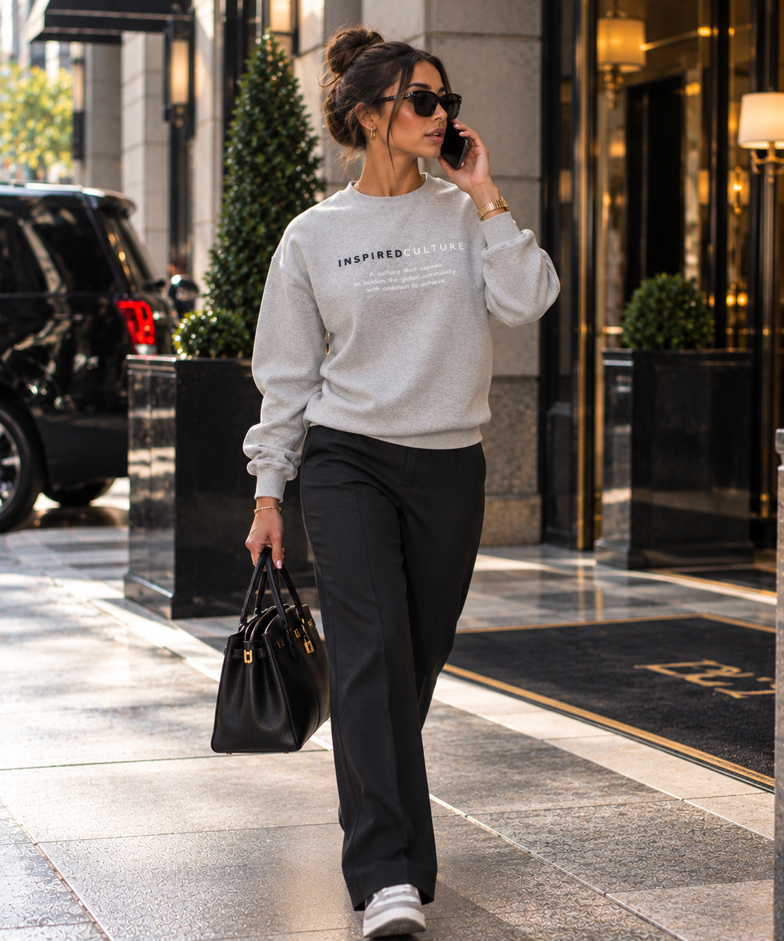 Upscale City Walk with Phone and Tote.png