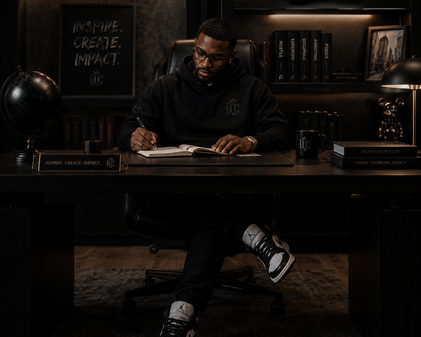 A young man with glasses and a beard, wearing a black hoodie and black and white sneakers, sits at a dark desk in a dimly lit office, writing in a notebook. The desk has a globe, a black mug with a logo, stacks of books, and a desk nameplate that reads 'Inspire. Create. Impact.' The background features a dark wall with framed artwork and bookshelves.