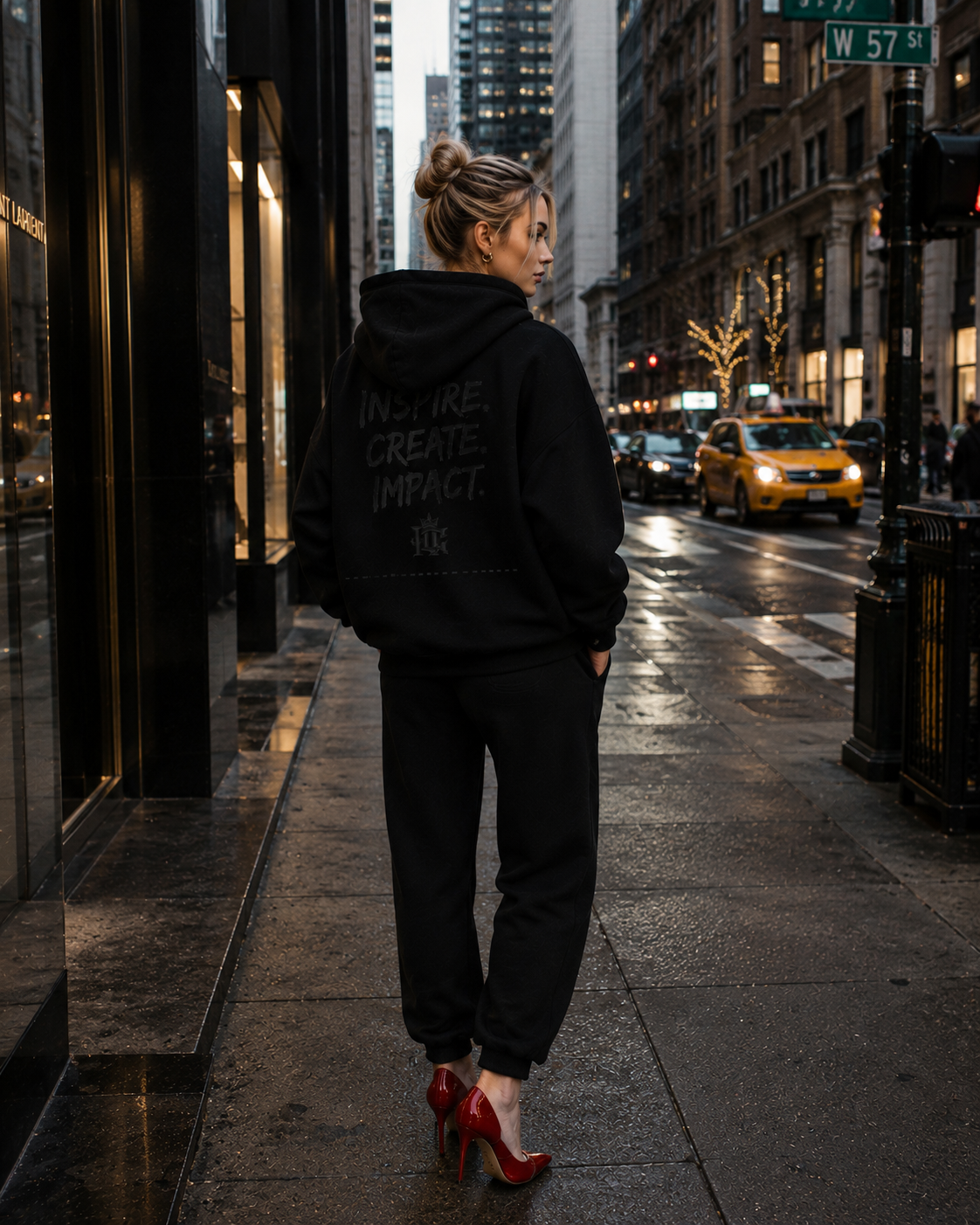 A woman standing on a city sidewalk in the evening, wearing a black hoodie with the words "INSPIRE CREATE IMPACT" and red high heels, with tall buildings and yellow taxis in the background.