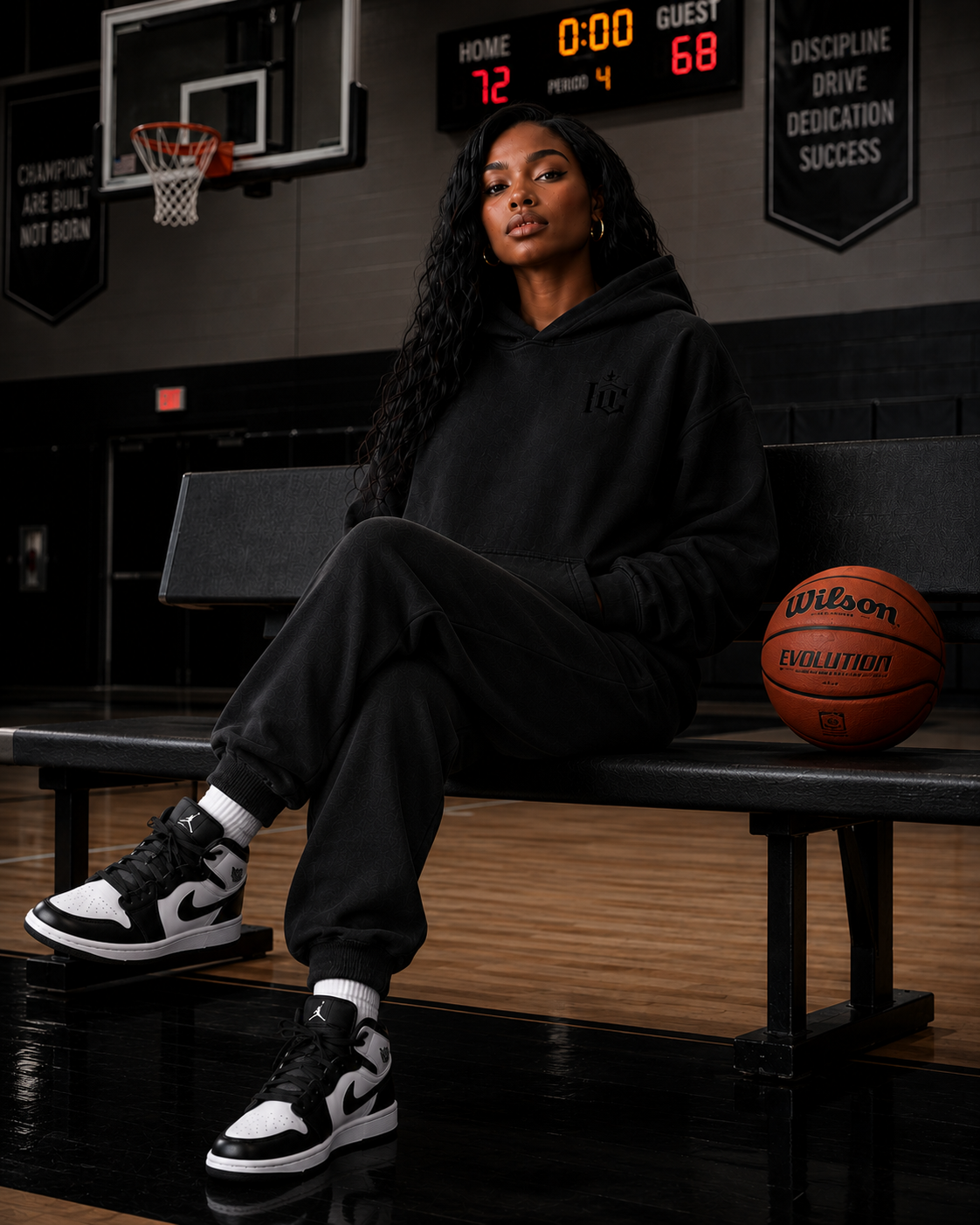 A woman with long curly black hair sitting on a black bench in a basketball gym, wearing black athletic hoodie, joggers, and white and black Nike sneakers. There is a Wilson basketball on the bench beside her and a basketball hoop in the background. A scoreboard shows the score as home 72, guest 68 with 0:00 time.