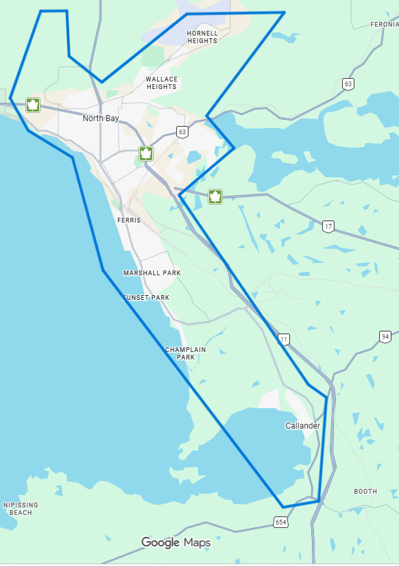 Bayland Snow Service area on the map of North Bay, Ontario, Canada, showing neighborhoods and routes where they provide snow removal services.