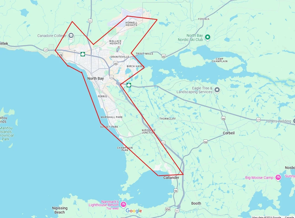 A map of North Bay, Ontario, Canada, with a red boundary outlining the city limits and including surrounding neighborhoods, parks, and landmarks.