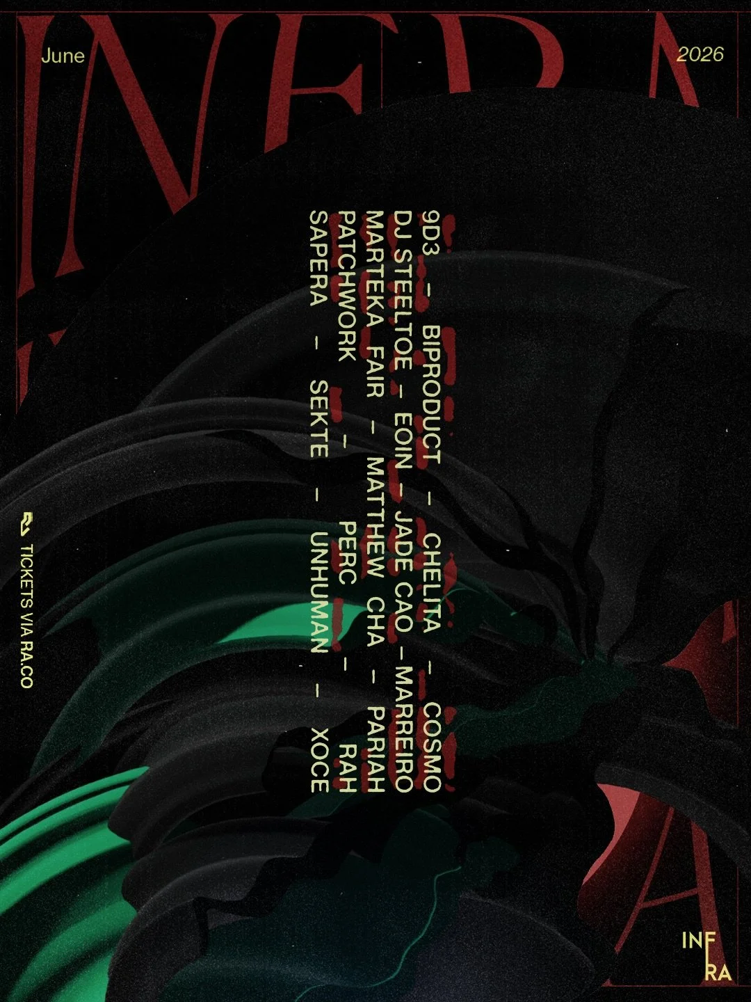 Infra June 2026 👁️&zwj;🗨️

JUN05 - @pariah_uk @eoineoineoi @dj_steeltoe 
JUN12 - @chelitasdelights @victormarreiro @profiler_x91 
JUN18 - @perctrax @saperadj 
JUN20 - @unhumangr @biproductboston @9d3.analog 
JUN20 - @c0swo @patchwork.mix 
JUN26 - @