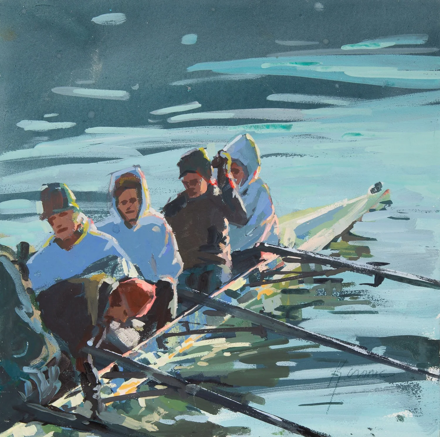 We Row at Dawn, 12”x12” gouache on cradled board, 2025