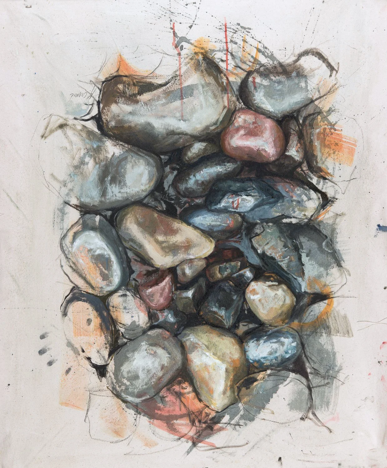 A painting of various rocks and stones in different shapes, sizes, and colors, arranged closely together with loose and sketchy black outlines.