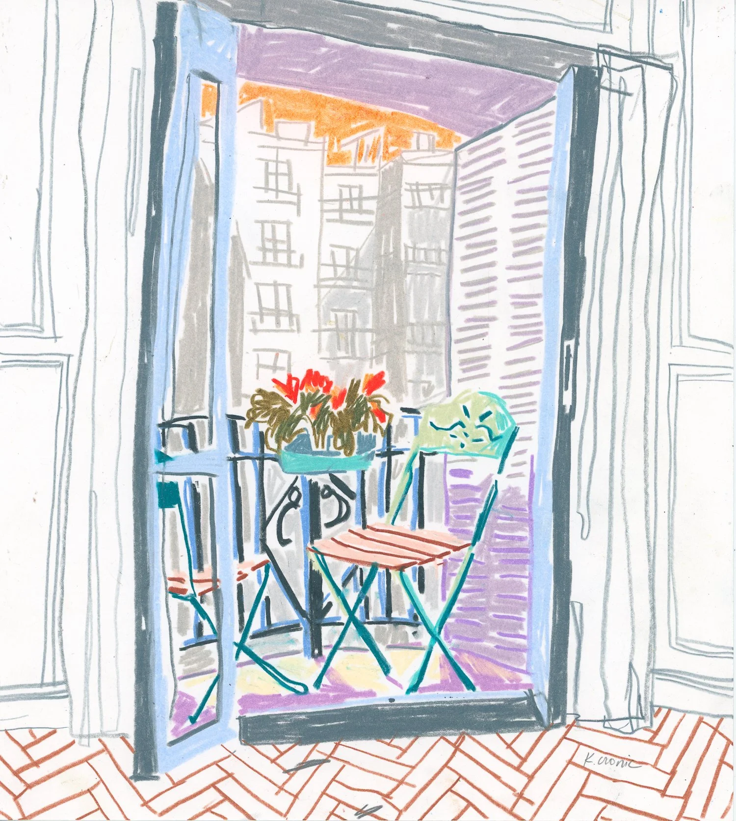 the balcony at 47 
colored pencil on paper 
8.5x 9.5 inches
2026
