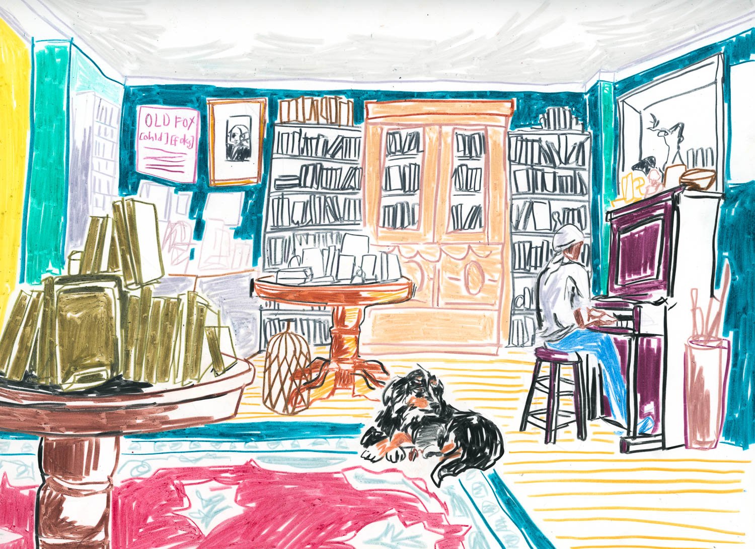 piano room at old fox books 
colored pencil on yupo paper 
9"x12" | 2025