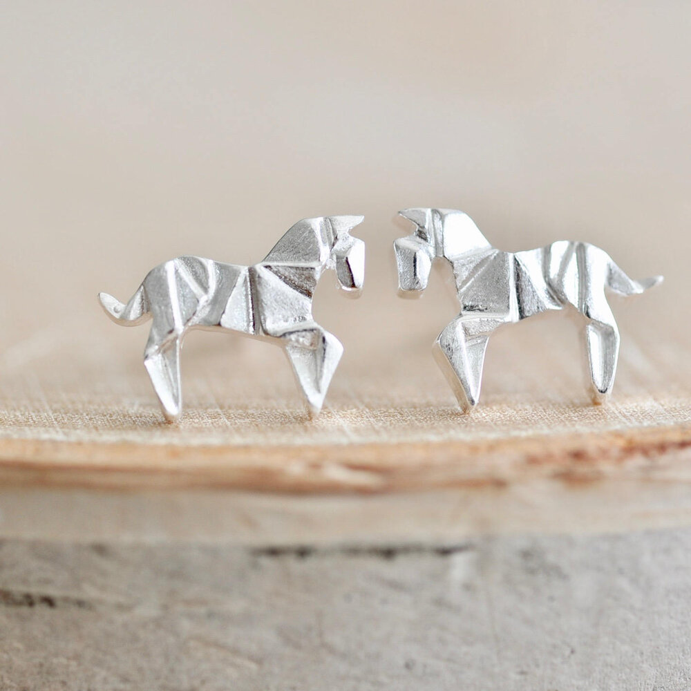 Origami Horse Stud Earrings in Sterling Silver 925, Silver Horse Earrings,  Origami Animal Jewelry, Origami Jewelry, Jamber Jewels 925 — Jamber Jewels