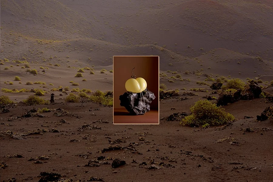 A digitally edited image of a vast, barren desert landscape with sparse low-lying green bushes and rocky hills in the background, featuring a central inset of a cherry-shaped yellow fruit sculpture placed on a black rock against a brown background.