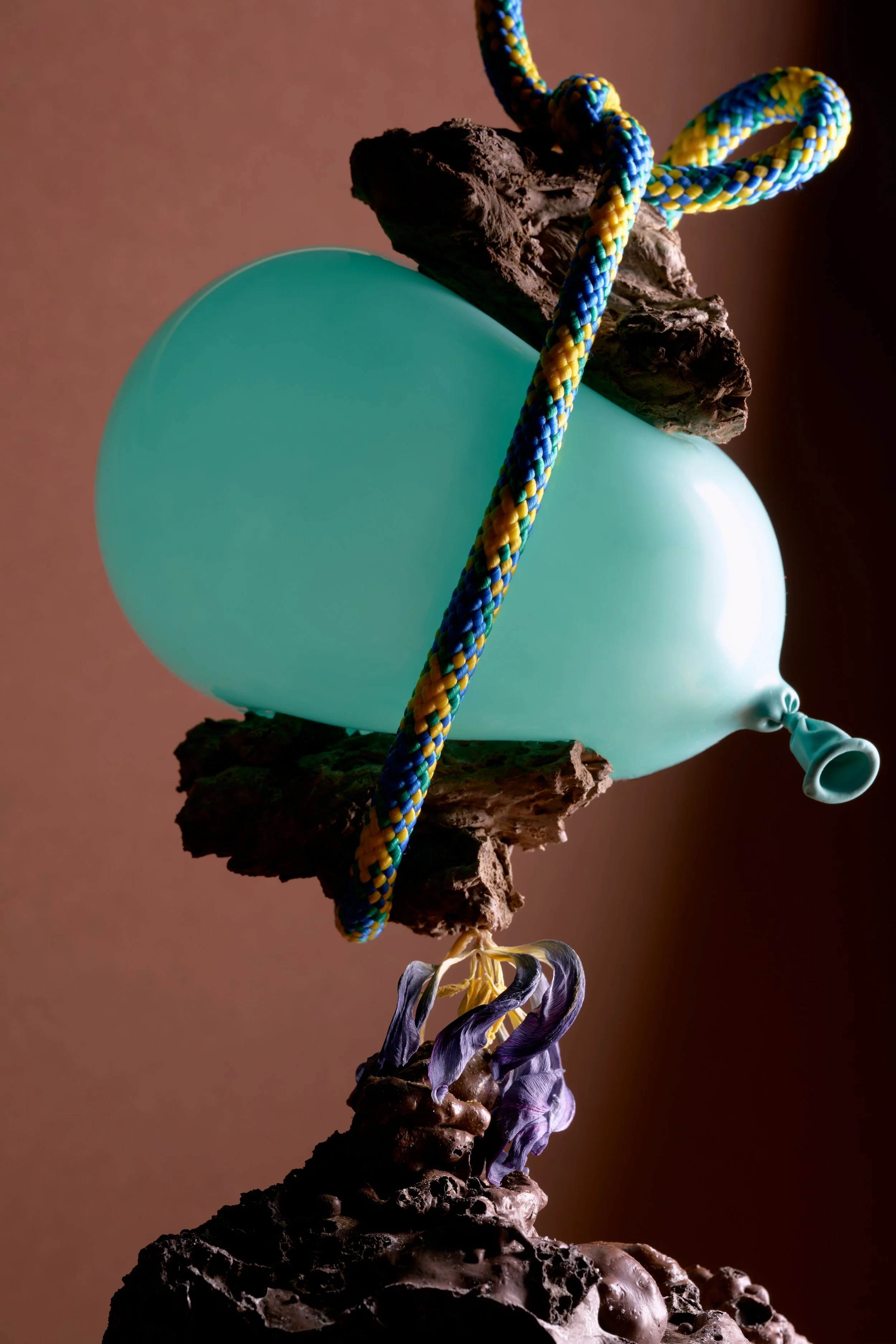 A surreal sculpture featuring a pastel green balloon with a nozzle, connected to two pieces of driftwood by a multicolored braided rope, with purple and black flowers hanging below, all set against a brown background.
