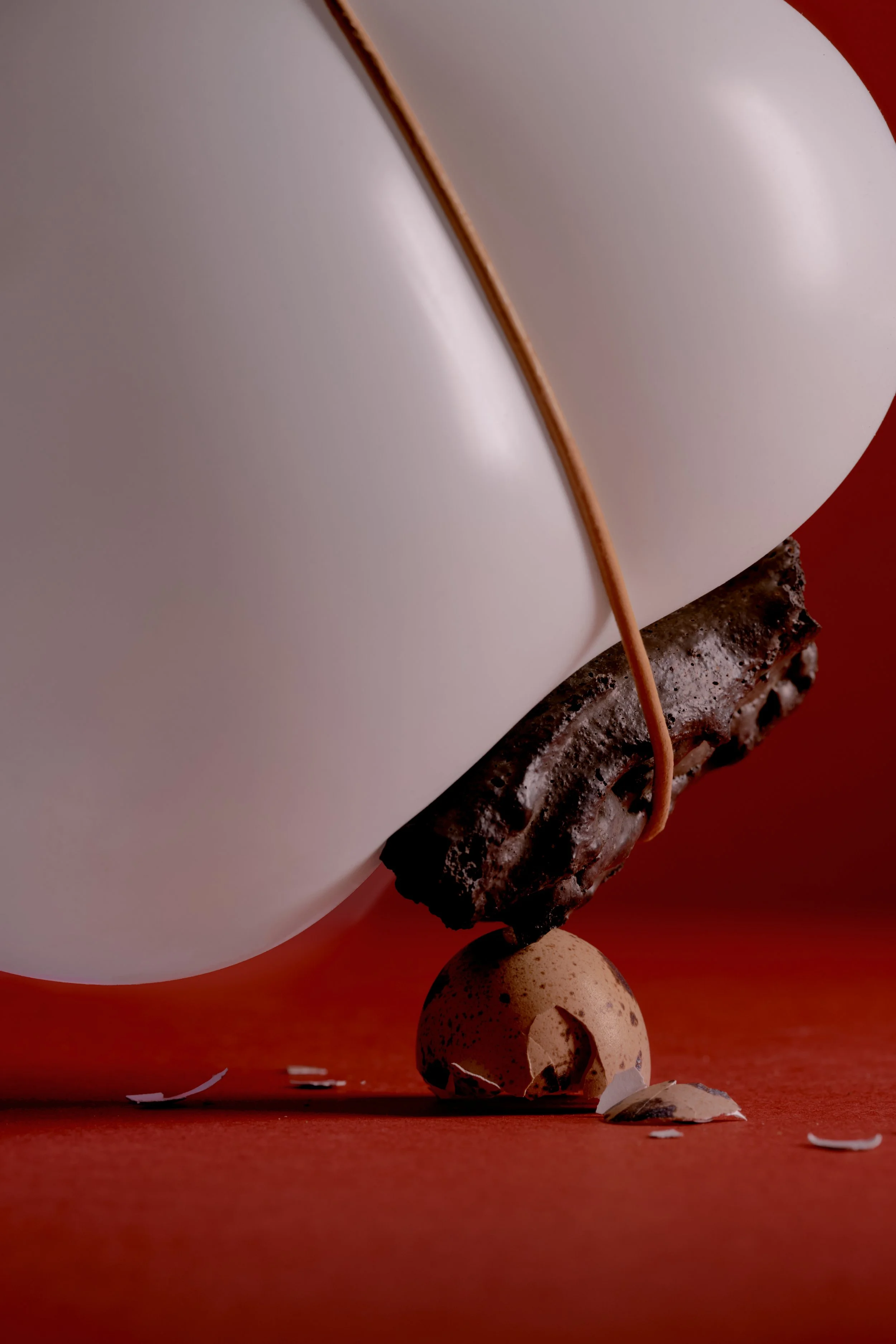 Close-up of a chocolate cake with white icing, a copper-colored wire decoration, a chocolate piece, and a speckled speckled chocolate egg, all on a red surface.