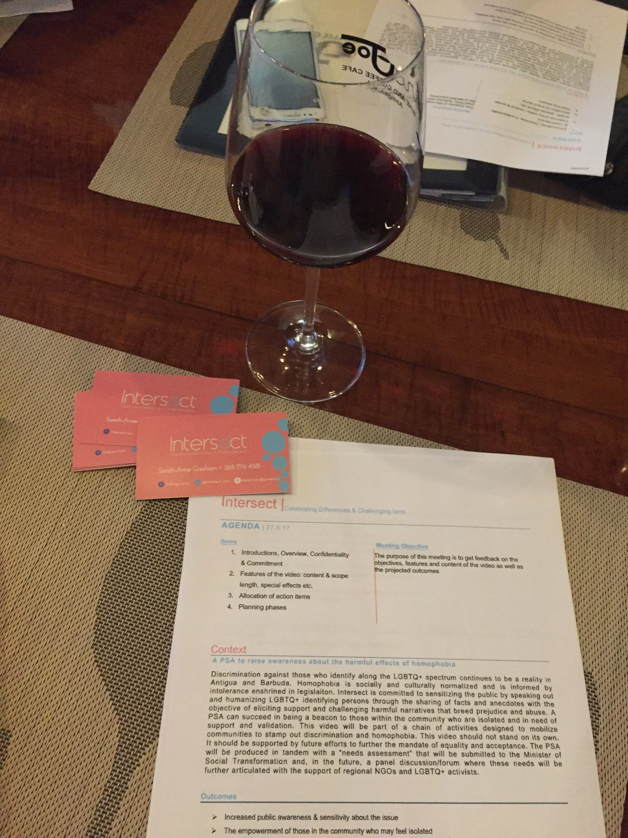 Meeting agenda and contact cards.