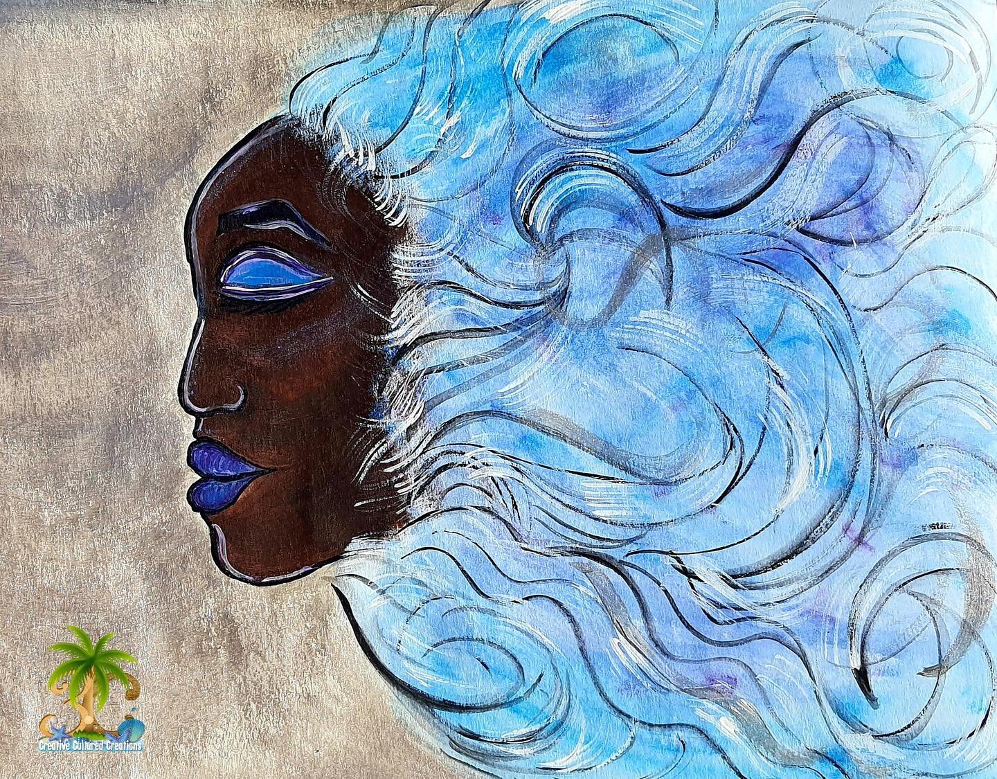 The Wind Goddess the final sister of the Goddesses of Nature by Tricia King. She is the twin of the Water Goddess, painted in acrylic in a silvery grey background her lips are a deep deep blue and her hair is a sky blue that mimics the whirl of the w