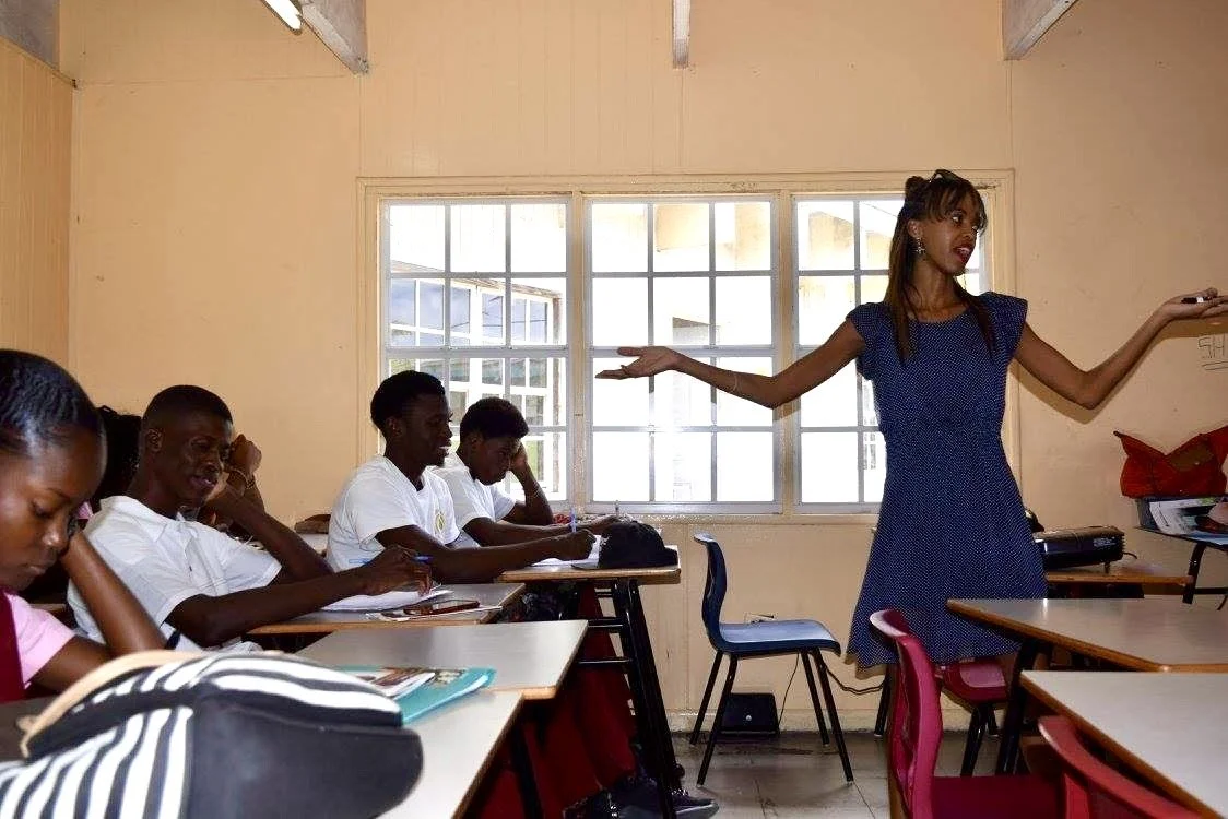 Sarah-Anne Gresham, co-founder of Intersect Antigua-Barbuda and former research officer at the Directorate of Gender Affairs delivering a lecture at the Antigua State College in 2017.