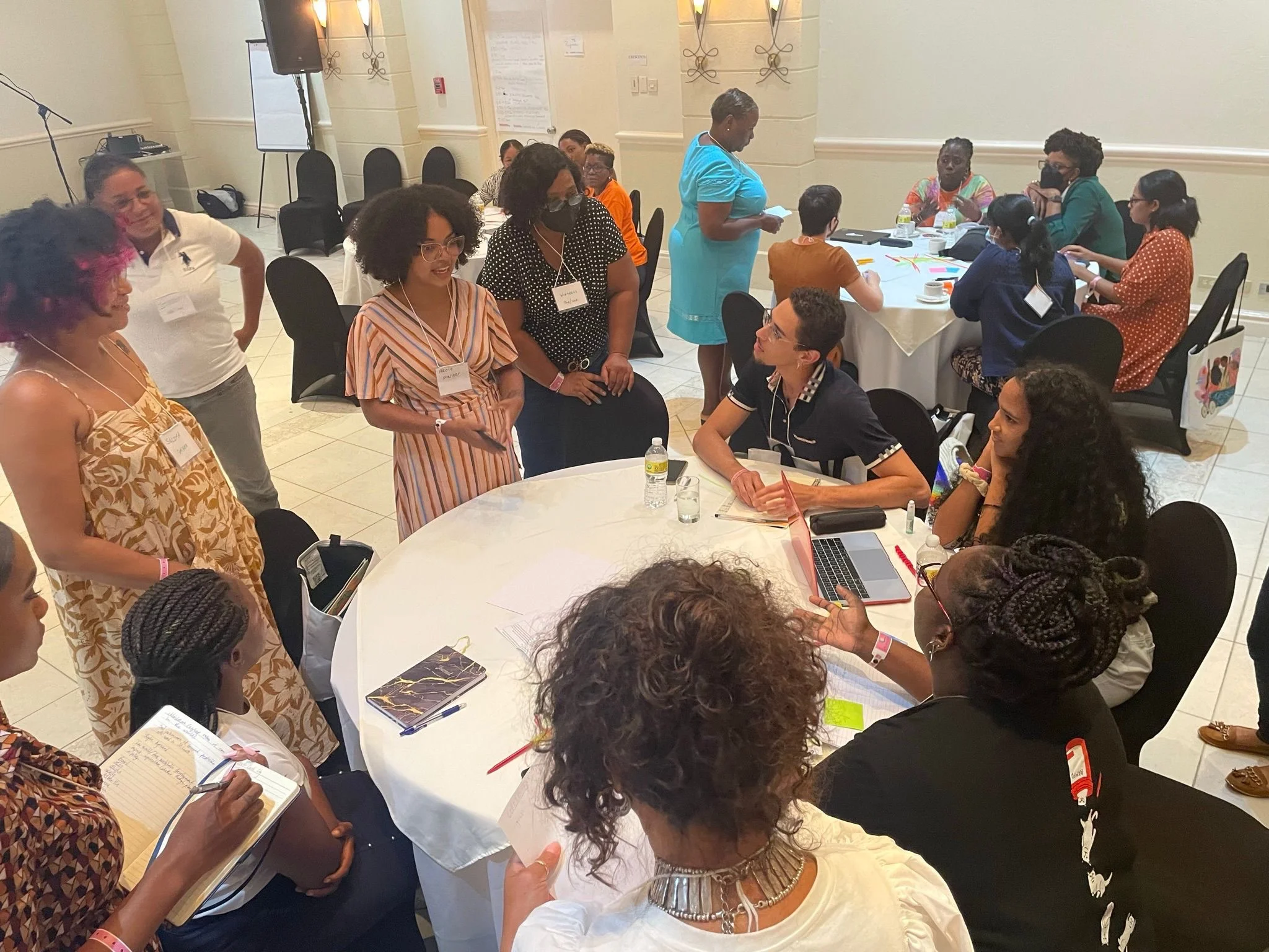 Intersect's resident artist, Lucia Murray (LEM), and former Intersect volunteer, Willum Watt, in group work at the WVL-Caribbean CommsLabs, organised by The Equality Fund and The Astraea Foundation in Barbados, 2022.